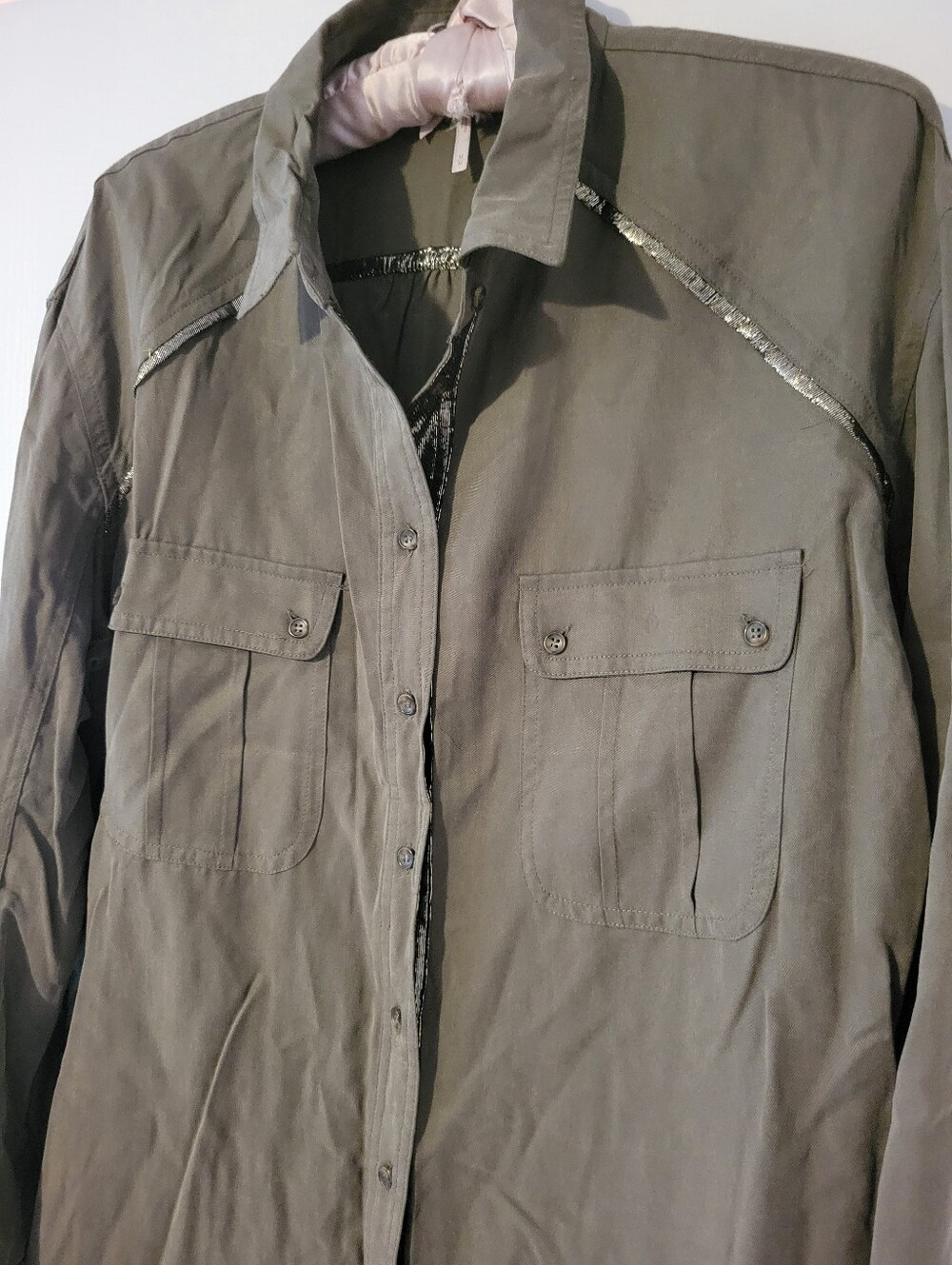 Free People Off Campus Moss Green Metallic Shirt Sz. M - Picture 5 of 14